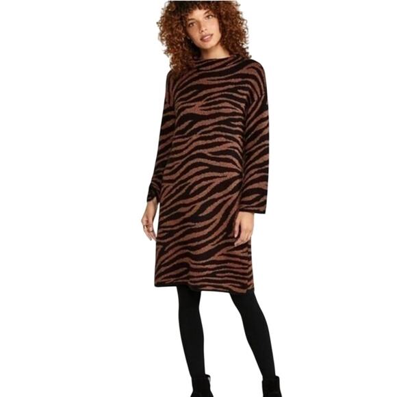 Ann Taylor Mockneck Animal Print Sweater Dress Medium NWT Black Brown Sparkly - Picture 8 of 9